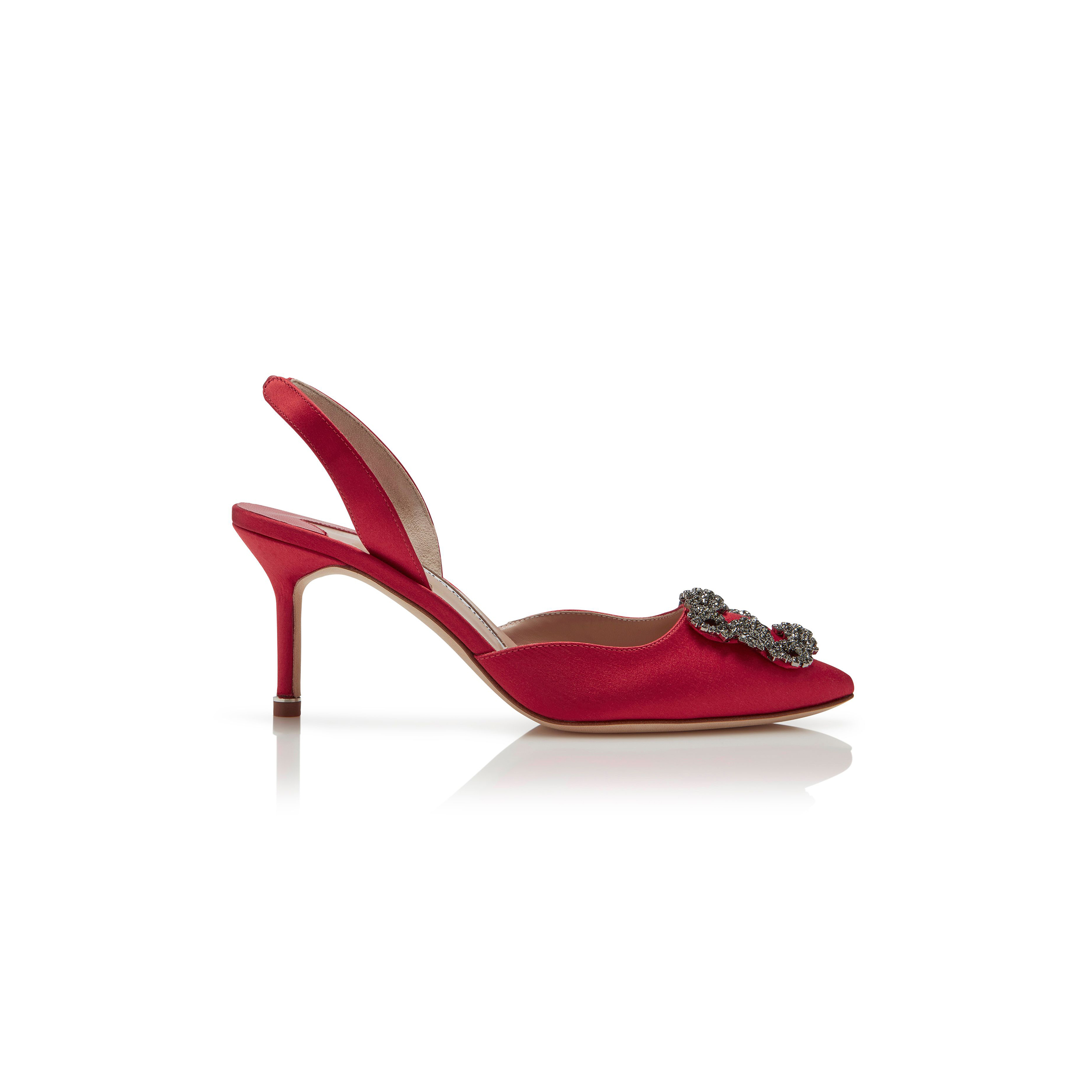 MANOLO BLAHNIK HANGISLI RED SATIN JEWEL BUCKLE SLINGBACK PUMPS 419-0473-0006